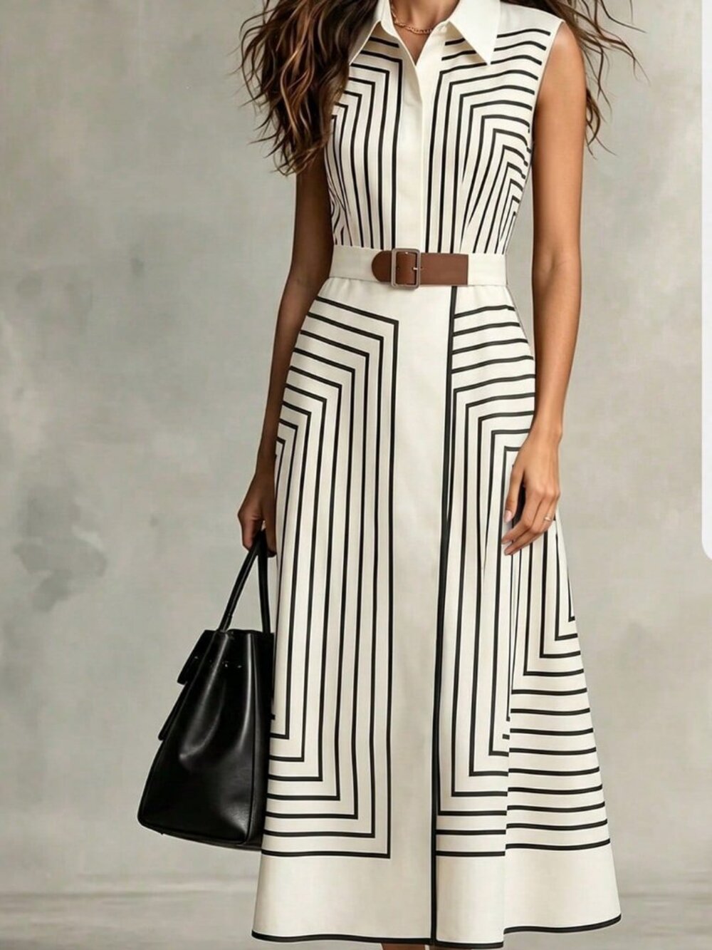 Multicolor Casual Women's Geometric Striped Sleeveless Shirt Dress